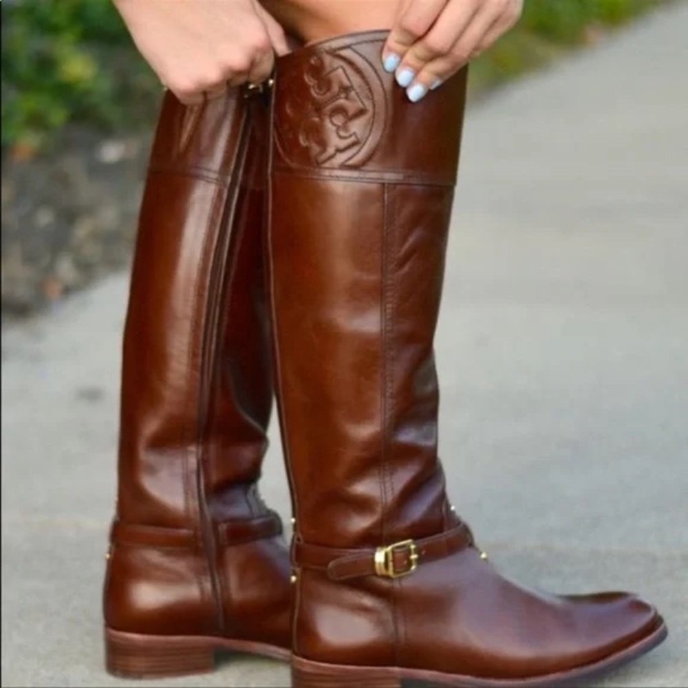 Tory Burch Marlene Riding Boots Brown Leather 9M Gold Buckle Equestrian Tall